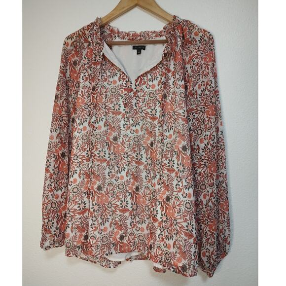 Talbot's Pink Cream Green V-Neck Long Sleeve Lined Sheer Blouse Size Medium - Picture 1 of 11